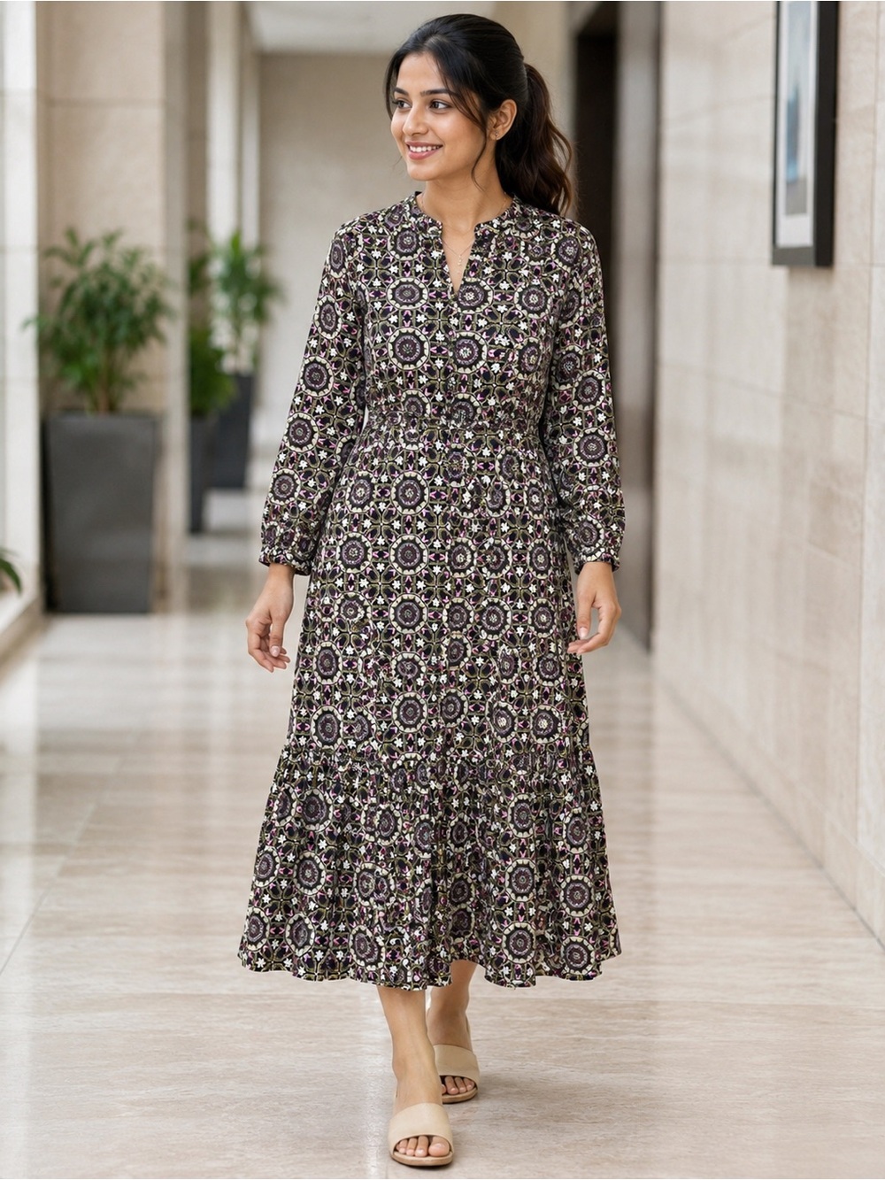 Jude Connally Black Floral Medallion Long Sleeve tiered Dress modest 100% cotton